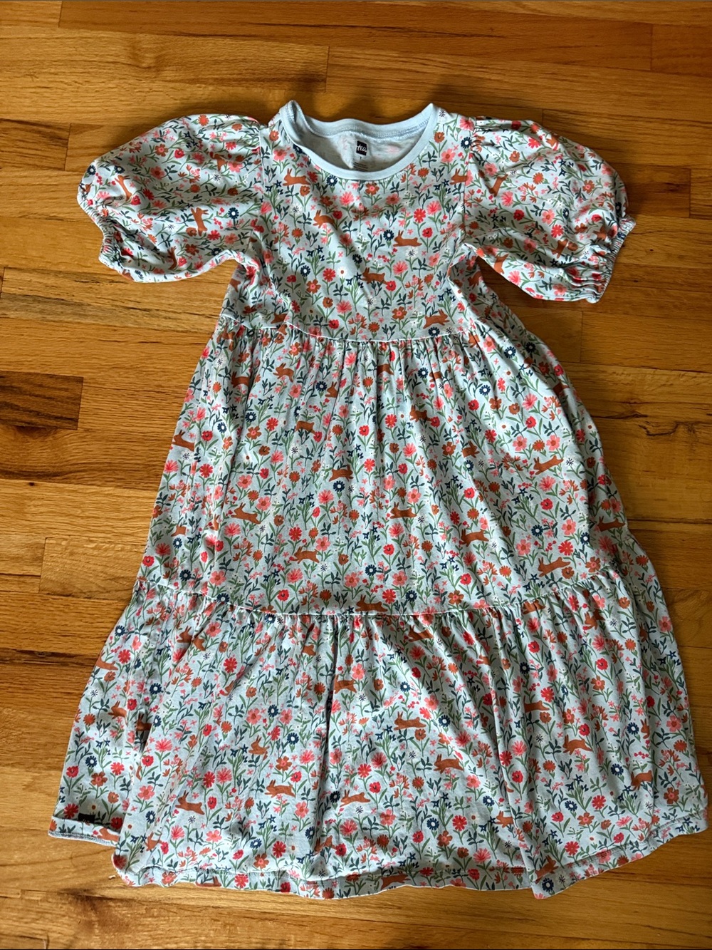 Tea Collection Floral Puff-Sleeve Casual Dress in Baby Blue, Coral, Green